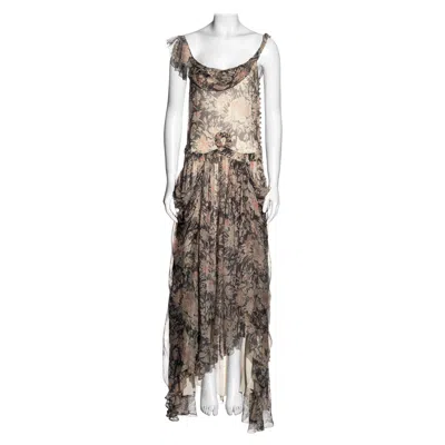 Pre-owned John Galliano Floral Print Silk Chiffon Drop-waist Floor-length Dress, Fw 2008 In Gray
