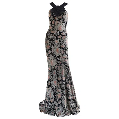 Pre-owned John Galliano F/w 08 Black Terracotta Floral Velvet Backless Draped Dress Gown