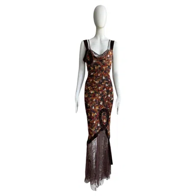 Pre-owned John Galliano F/w 2001 Feather Print Silk & Lace Dress In Black
