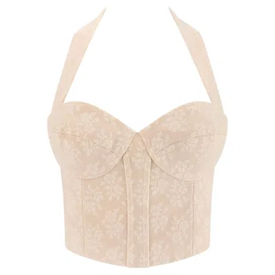 Pre-owned John Galliano F/w 2003  Beige Floral Silk Bustier Halter Crop Top Fr 38 / Us 4 In Brown