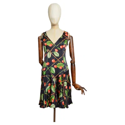 Pre-owned John Galliano F/w 2003  Black Silk Cherry Print Bias Cut Evening Dress