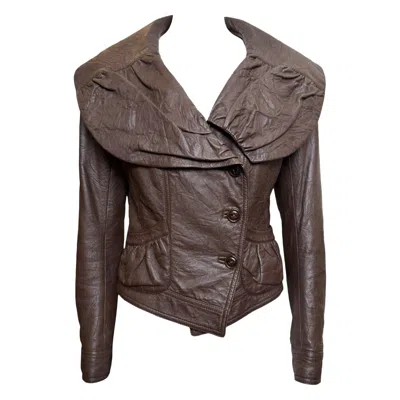 Pre-owned John Galliano F/w 2005 Brown Lambskin Ruched Wide-collar Cropped Jacket