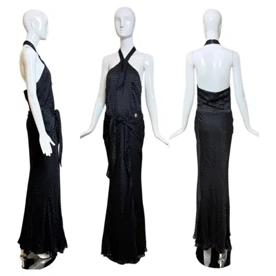 Pre-owned John Galliano Galliano Vintage Black Silk Blend Textured Jacquard Halter Neck Evening Gown