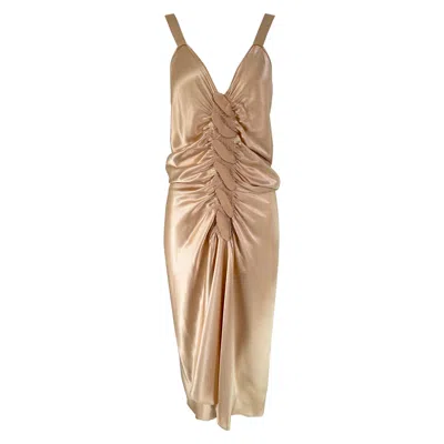 Pre-owned John Galliano Glamourous Gold Satin Shirred Front Button Back Evening Dress 6 In Brown