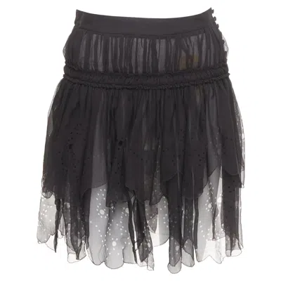 Pre-owned John Galliano Gonna Black 100% Shirred Silk Laser Cut Holes Prairie Skirt Fr36 S