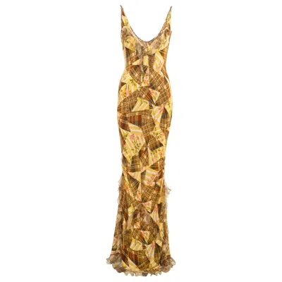 Pre-owned John Galliano Knit Jersey Maxi Dress With Patchwork Motif, Fw 2004 In Brown