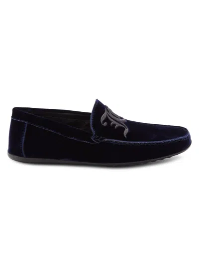 John Galliano Men's Logo Velvet Loafers In Blue