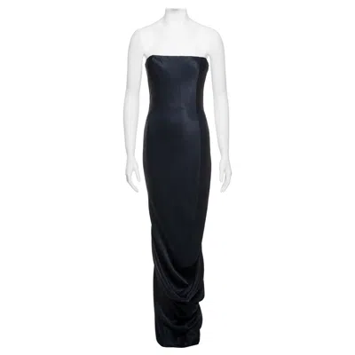 Pre-owned John Galliano Midnight Blue Crepe-backed Satin Strapless Draped Dress, Fw 1995