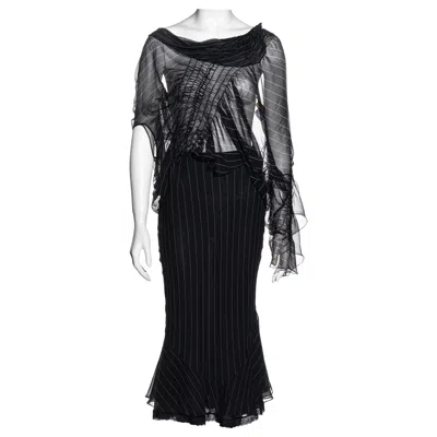 Pre-owned John Galliano Navy Pinstripe Silk Shirred Blouse And Fishtail Skirt Set, Ss 2002 In Blue