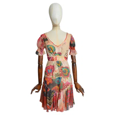 Pre-owned John Galliano Painted Floral Print Silk Short Sleeve Tea Dress In Brown
