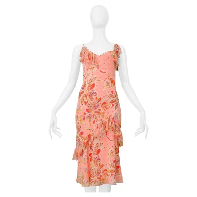 Pre-owned John Galliano Pink Floral Printed Slip Dress With Bows