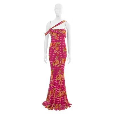 Pre-owned John Galliano Pink Silk Evening Dress With Floral And Polkadot Motif, Ss 2006