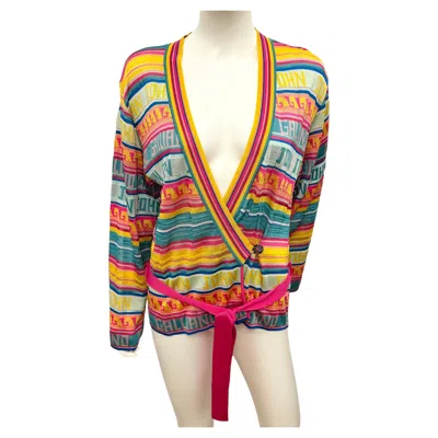 Pre-owned John Galliano Rare  S/s 2006 Multicolor Logo Knit Belted Cardigan In Beige