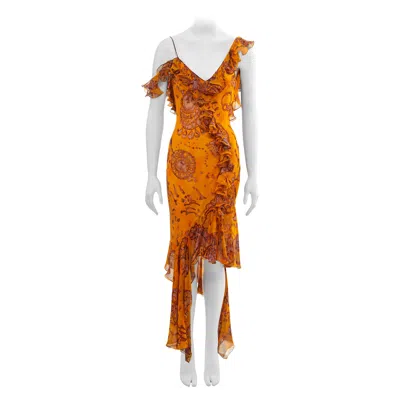 Pre-owned John Galliano Saffron Batik Dyed Paisley Printed Silk Evening Dress, Ss 2003 In Orange