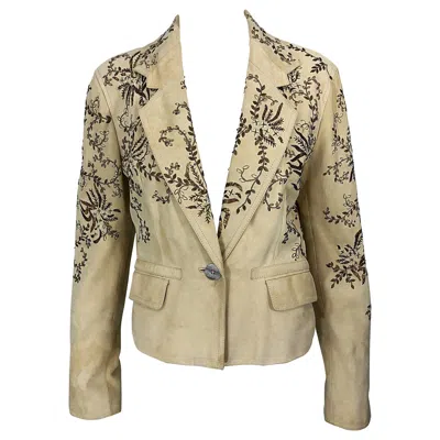 Pre-owned John Galliano Size 10 Suede 2000s Leather Y2k Beaded Khaki Cropped Blazer Jacket In Brown
