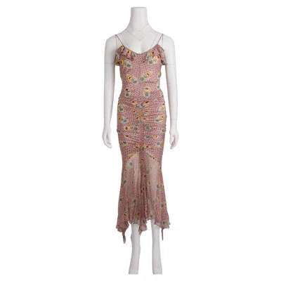 Pre-owned John Galliano Spring 2004 Pink And Ecru Check Jersey Ensemble With Floral Motif