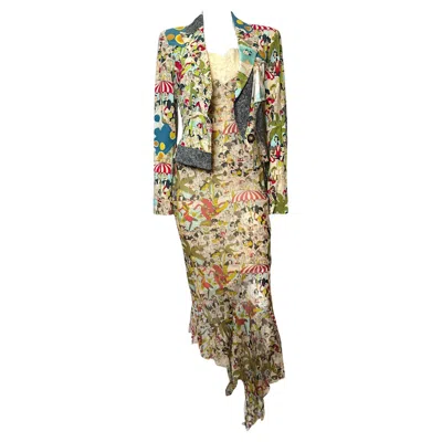 Pre-owned John Galliano S/s 2001 Cafe Society Print Silk Gown And Jacket Ensemble In Brown
