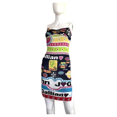 Pre-owned John Galliano S/s 2002 "formula One" Graphic Print Stretch Knit Mini Dress In Beige