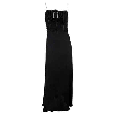 Pre-owned John Galliano S/s 2003  Rhinestone Buckle Black Floral Ruffle Slip Gown