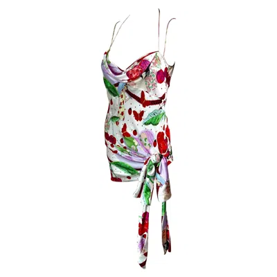 Pre-owned John Galliano S/s 2005 Cherry Print Tie Up Silk Slip Mini Dress In Gray