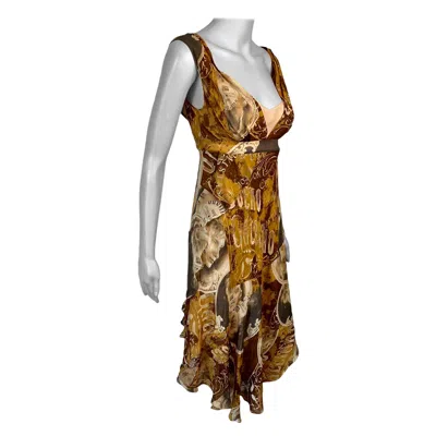 Pre-owned John Galliano S/s 2006 Newspaper Print Plunging Neckline Silk Evening Dress In Brown