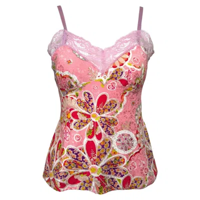 Pre-owned John Galliano S/s 2006 Pink Floral-print Lace-trim Camisole Top