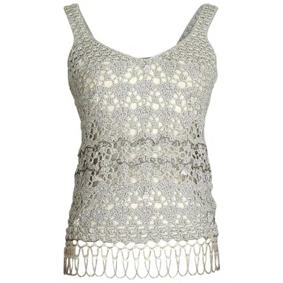 Pre-owned John Galliano Top Silver Crochet Faceted Large Crystals Beading Detail M