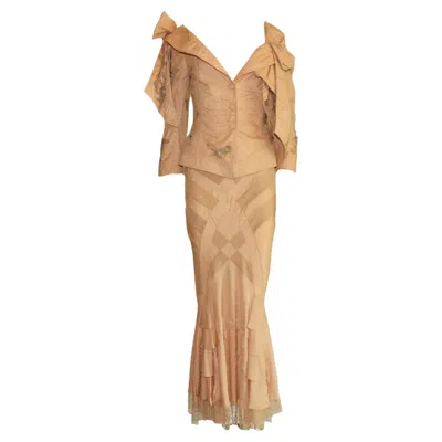 Pre-owned John Galliano Unworn  Newspaper Print Silk Tulle Lace Skirt Dress Jacket Suit 40 In Brown