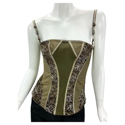 Pre-owned John Galliano Vintage John Galiano Sheer Lace Boned Bustier Lace-up Embroidered Corset Top M In Gray