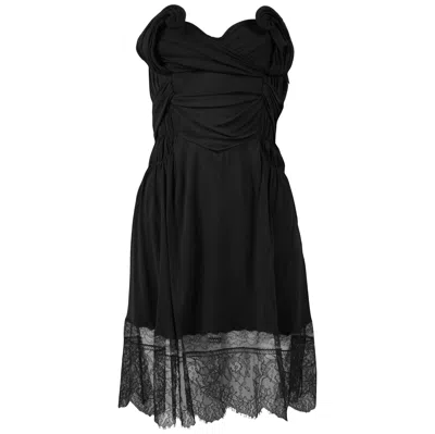 Pre-owned John Galliano Vintage  Black Gathered Strapless Dress With Lace Trim