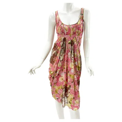 Pre-owned John Galliano Vintage  Silk Floral Print Pleated Dress French 36 - Us 4 In Sand