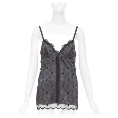Pre-owned John Galliano Vintage Joyce Grey Floral Lace Polka Dot Trim Silk Camisole Top S In Gray