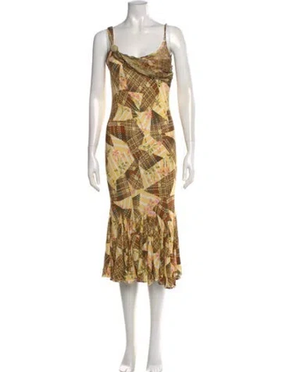 Pre-owned John Galliano Vintage Midi Length Dress In Brown/yellow
