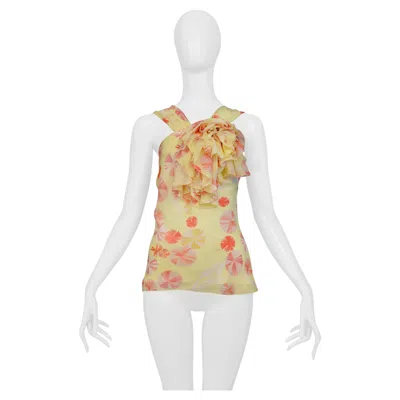 Pre-owned John Galliano Yellow Silk Halter Top With Red Swirls Print 2000s