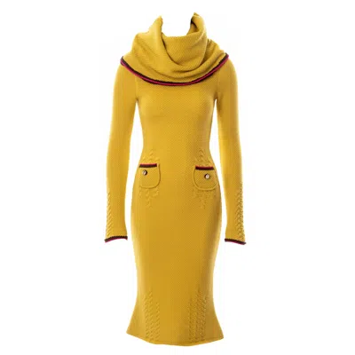 Pre-owned John Galliano Yellow Waffle-knit Wool Long Sleeve Turtleneck Dress, Fw 1999