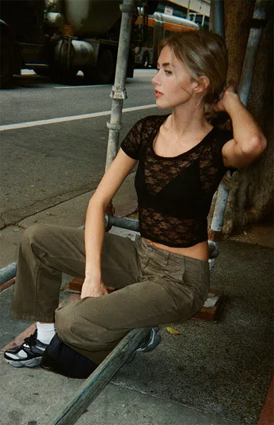 John Galt Women's Black Lace Short Sleeve T-shirt