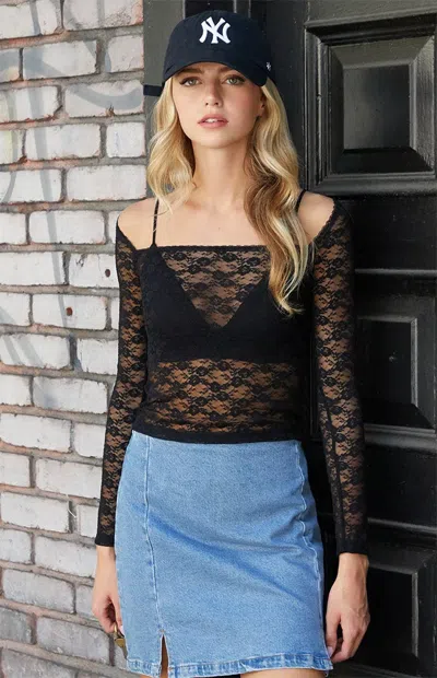 John Galt Women's Black Square Neck Long Sleeve Mesh Top
