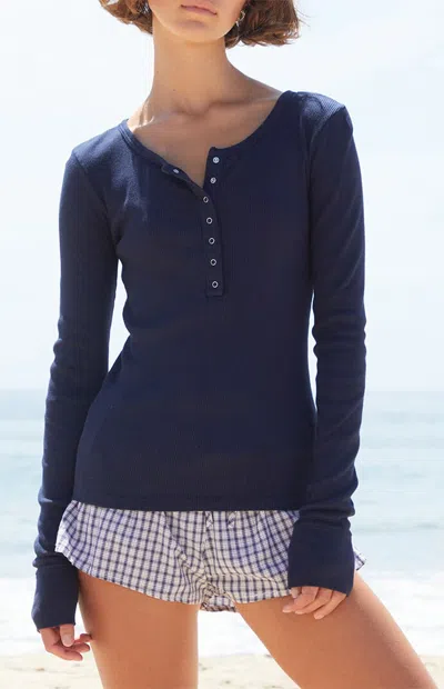 John Galt Women's Blue Athern Ribbed Long Sleeve Top