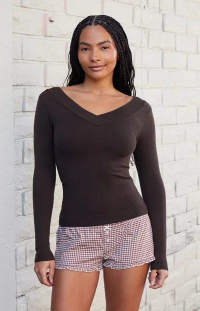 John Galt Women's Brown V-neck Long Sleeve Top