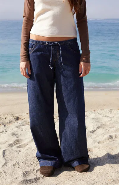 John Galt Women's Dark Blue Gracie Drawstring Low Rise Baggy Jeans In Denim