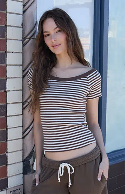 John Galt Women's Striped Ginny Off-the-shoulder Top In Brown/white In Multi
