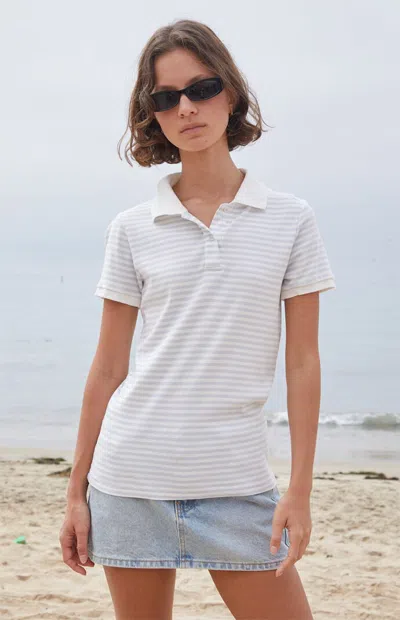 John Galt Women's White & Light Blue Striped Polo Shirt In White/lt.blue