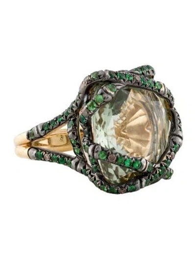 Pre-owned John Hardy 18k Prasiolite, Tsavorite, & Diamond Bamboo Cocktail Ring In Multi