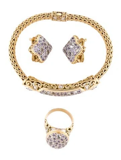 Pre-owned John Hardy 18k Tanzanite & Aquamarine Earclip Earrings, Cocktail Ring & Link Bracelet Set, 6.75" In Multi