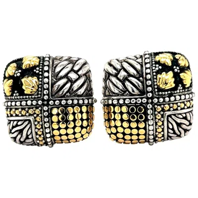 Pre-owned John Hardy Estate Square Ornate Clip-on Earrings 18k Y Gold + Sterling Silver In Multi