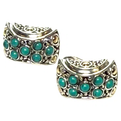 Pre-owned John Hardy Estate Turquoise Omega Back Earrings Sterling Silver 18k Gold Jh120 In Multiple