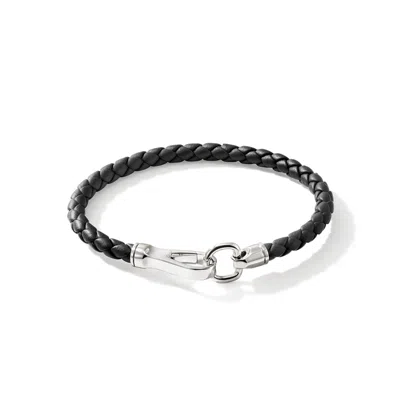 John Hardy Men's Silver Woven Leather Hook Clasp Bracelet In Black