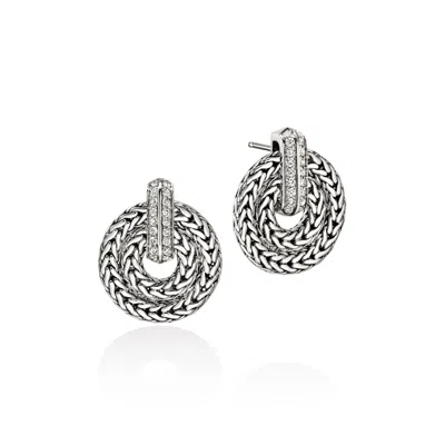 John Hardy Icon Link Earrings, Sterling Silver, Diamonds, 22mm In Metallic