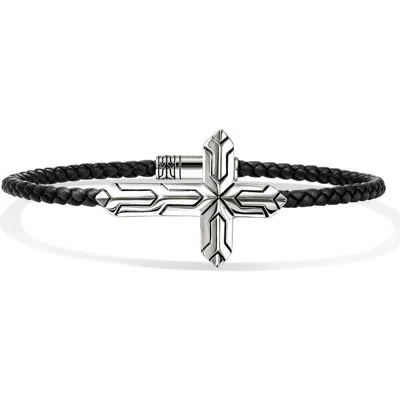 John Hardy Icon Silver Cross Woven Leather Bracelet In Black