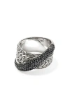 John Hardy Sterling Silver Jh Essentials Black Sapphire Pave Crossover Statement Ring In Silver/black Diamonds